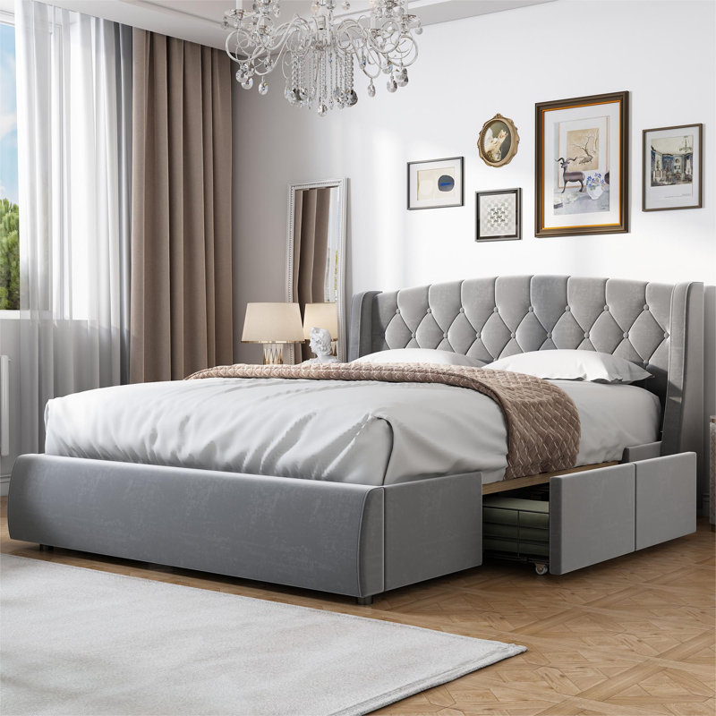 Maggie Upholstered Velvet Drawers Bed, EU Double - 140 x 200 cm