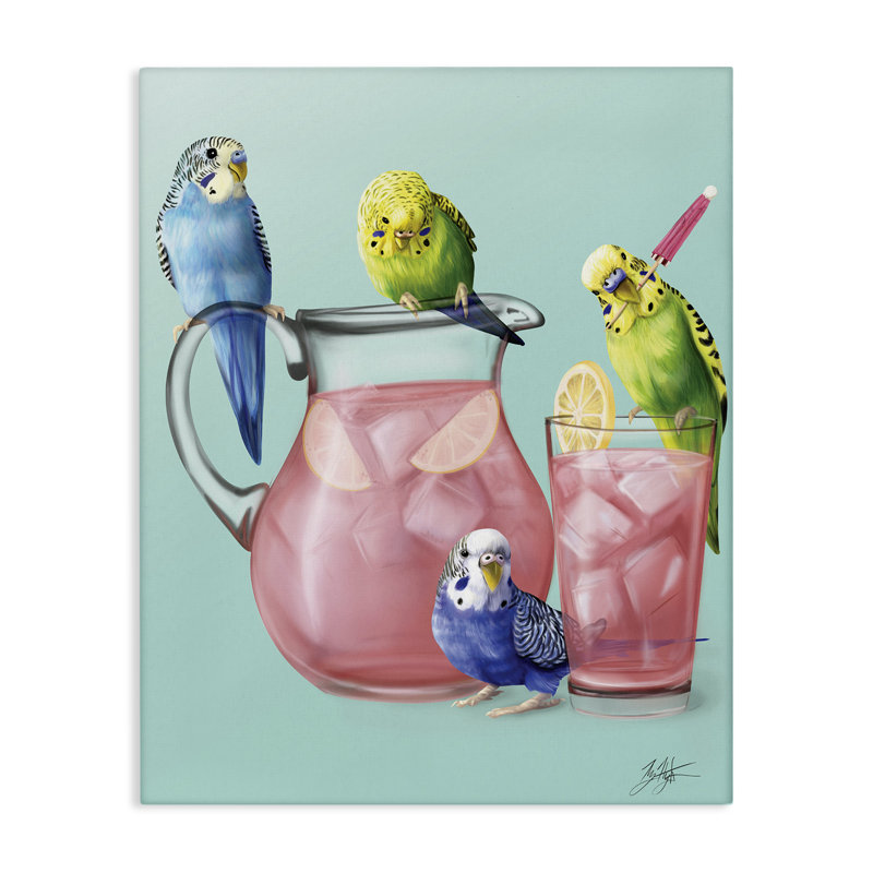 "Budgies & Pink Lemonade", art mural par Mehu Art, H 40 po x l 30 po