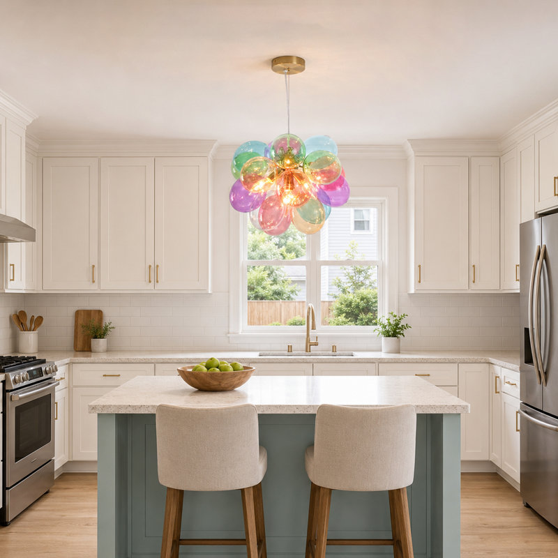 Lustre moderne en laiton 4 lumières avec abat-jour ovales en verre multicolore, Laiton, Colorful