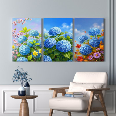 Ensemble de 3 tableaux sur toile tendue représentant des hortensias bleus et des fleurs de cerisier, pour la décoration du salon et de la chambre.