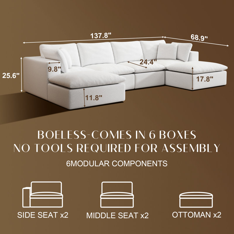 137" U-shaped Sectional Couch, Compression Sofa, White Chenille, White Chenille