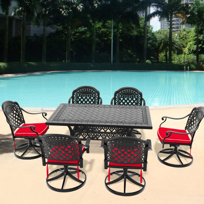 7 Outdoor Dining - Aluminum 6 Swivel Chairs & Rectangular Table To Elements Weather Changes