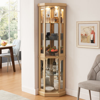 Vitrine de coin lumineuse pour présenter des objets de collection, des verres à vin et des verres de bar avec un design élégant et des tablettes réglables