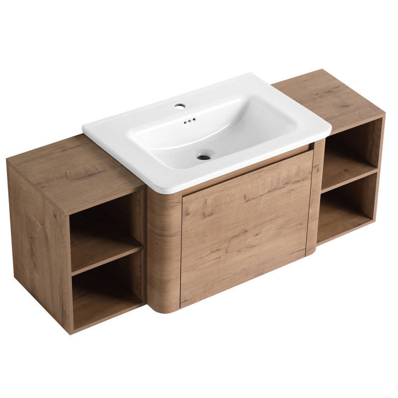 Meuble-lavabo mural 52 po avec lavabo en céramique blanche, tablettes de rangement, bords arrondis et charnières à fermeture douce, surface de lavabo facile à nettoyer