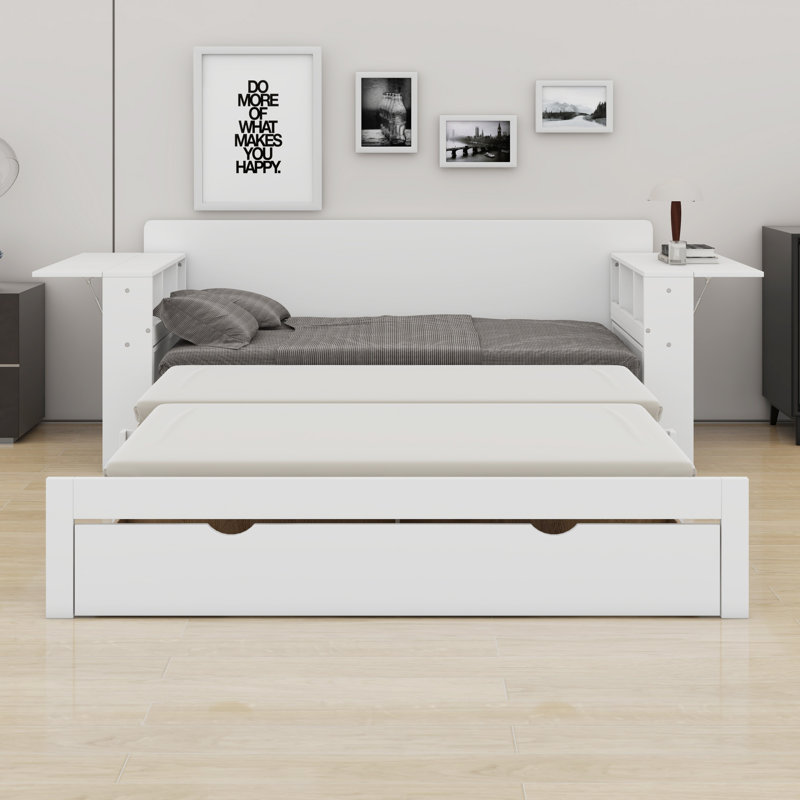 Lit de jour avec bureau amovible, tiroirs de rangement et table d'appoint hydraulique, Double, Blanc