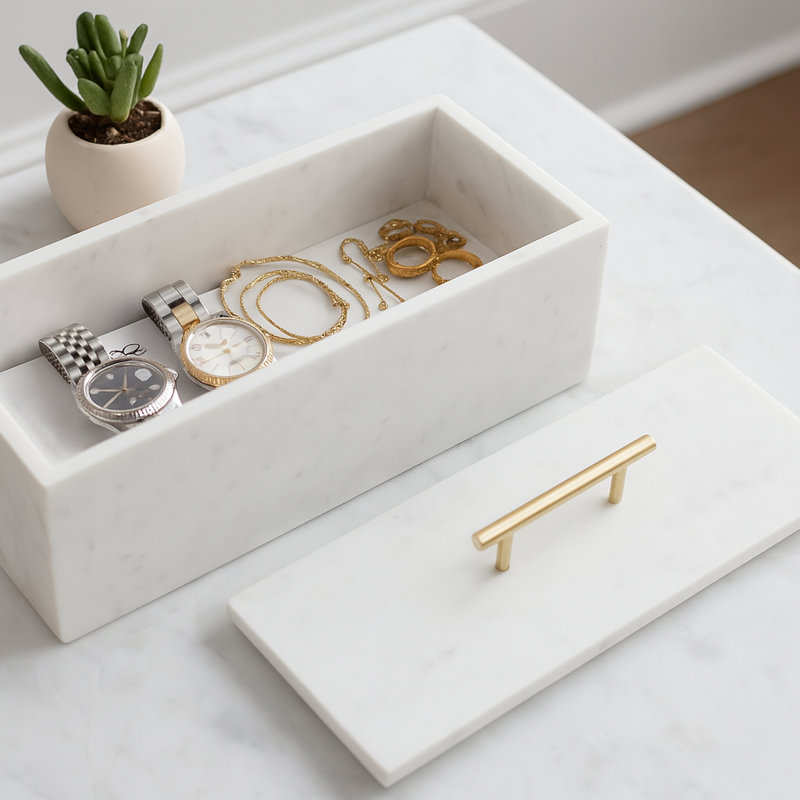 Decorative Rectangular Marble Box With Metal Handle For Home Decor - Marble Storage Organizer With Lid For Jewelry And Keepsake Decor - 16", White