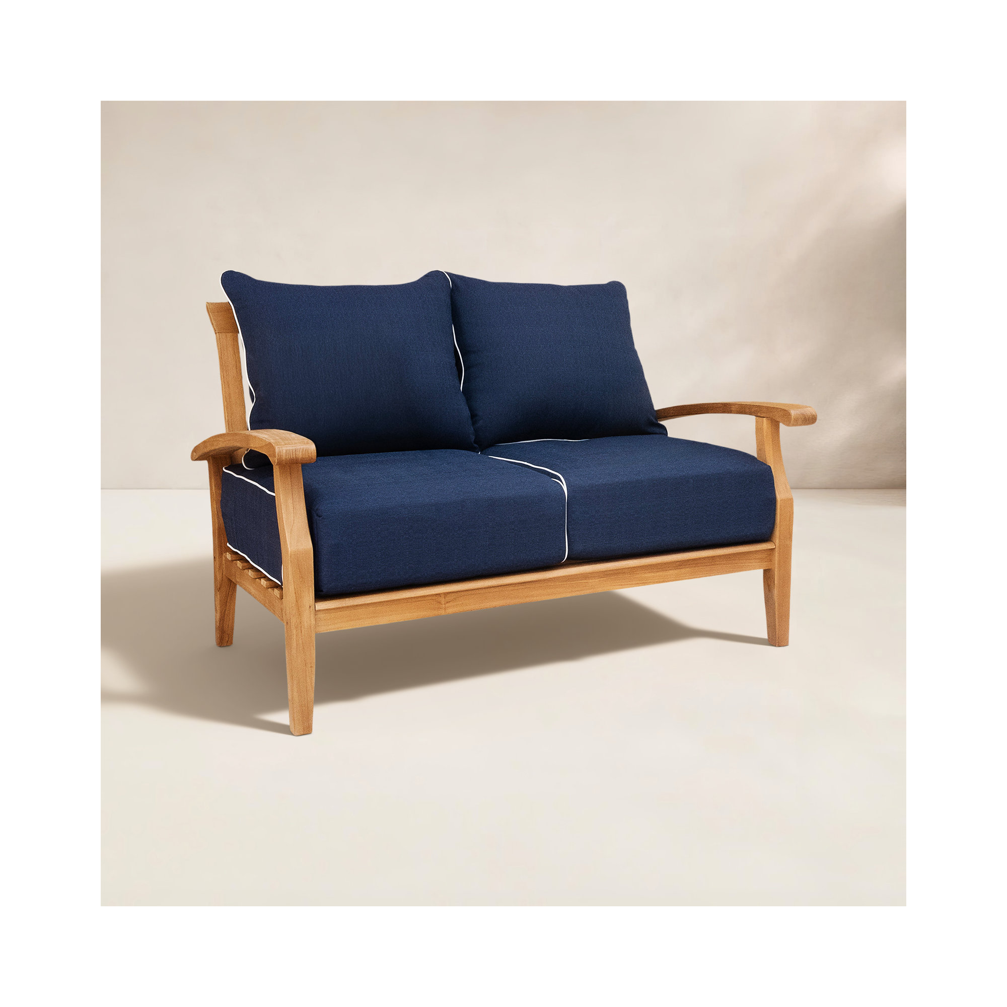 Summerton 54.25'' Wide Rectangle Teak Loveseat with Cushions, Navy White Piping, Natural
