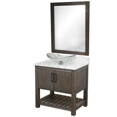 Meuble-lavabo de 30 po avec comptoir en quartz moka et lavabo, quincaillerie et miroir noir mat