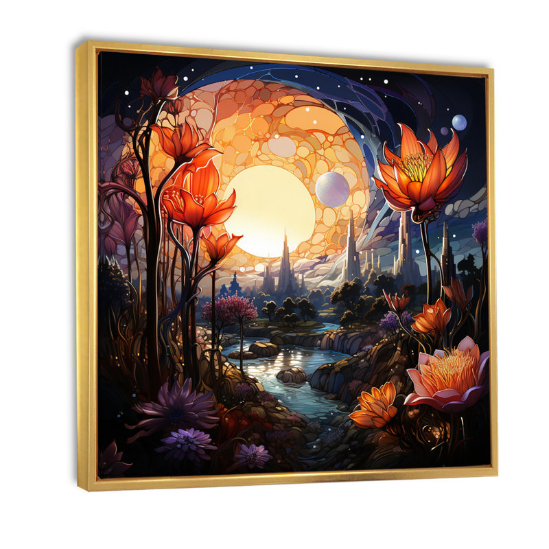 Ville de fleurs, paysages fantastiques I sur toile, Cadre flottant doré, H 36 po x l 36 po x P 1,5 po
