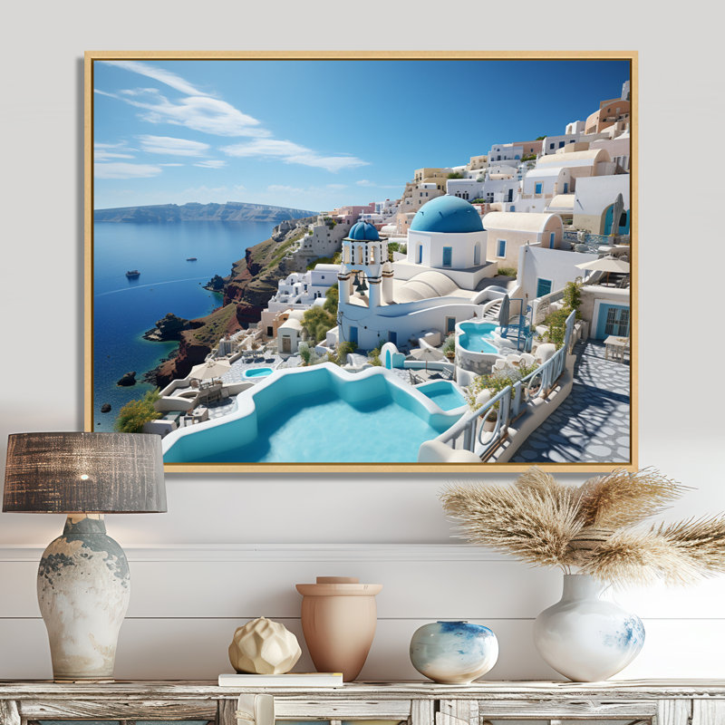 Grèce «Santorini Dreams I», art mural grand de Grèce, H 16 po x l 32 po x P 1 po, Maple Floater Framed