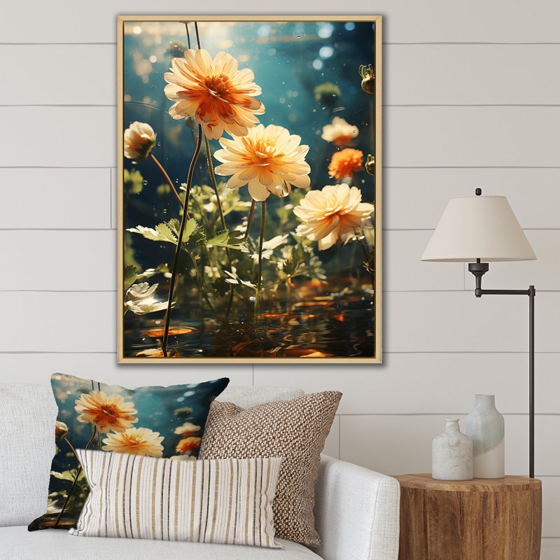 Fleurs de Zinnias jaunes et vertes II, Cadre flottant brun, H 40 po x l 30 po x P 1,5 po