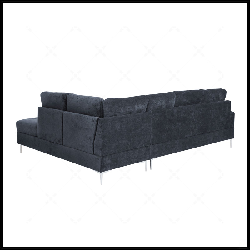 Canapé modulaire 3 places avec méridienne, repose-pieds avec rangement, pieds en métal et clous en cuivre, Marine