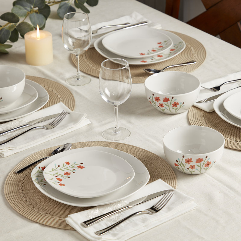 Caroline White Floral Porcelain Square Dinnerware Set, Service for 4