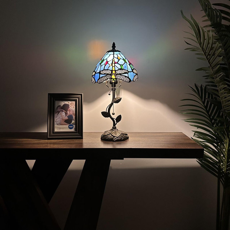 Tiffany Table Lamp Stained Glass Cerie LED Bulb Included 8"W*8"D*16"H, Blue/Orange
