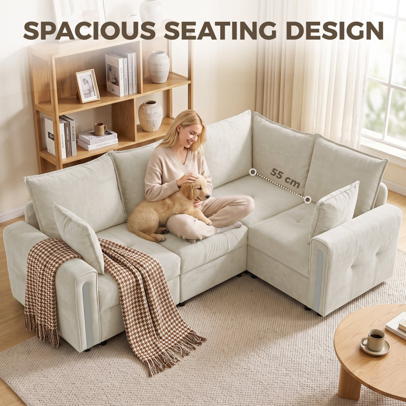 3 Seater Velvet Corner Sofa, Beige Velvet