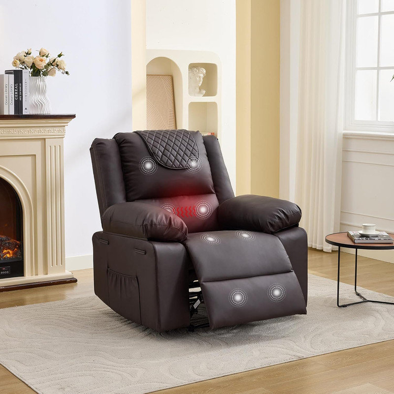 Manual Recliner Chair with Heating & Massage, 135° Adjustable with Storage for Living Room, Brown