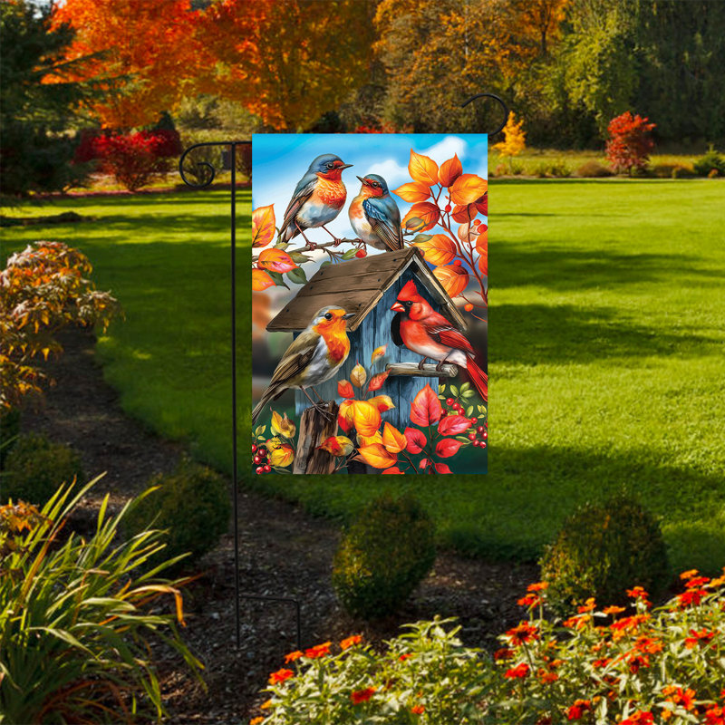 Drapeau de jardin d'automne, Oiseaux oranges/bleus/rouges