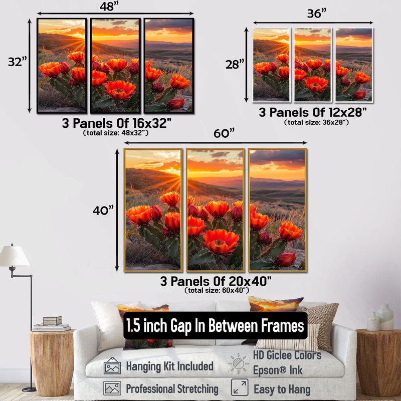 Cactus en fleurs au coucher du soleil II - art mural cactus - ensemble de 3, H 28 po x l 36 po, Noir
