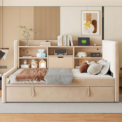 Twin Size Upholstered Daybed with Trundle, Storage Shelves,USB & Outlet
