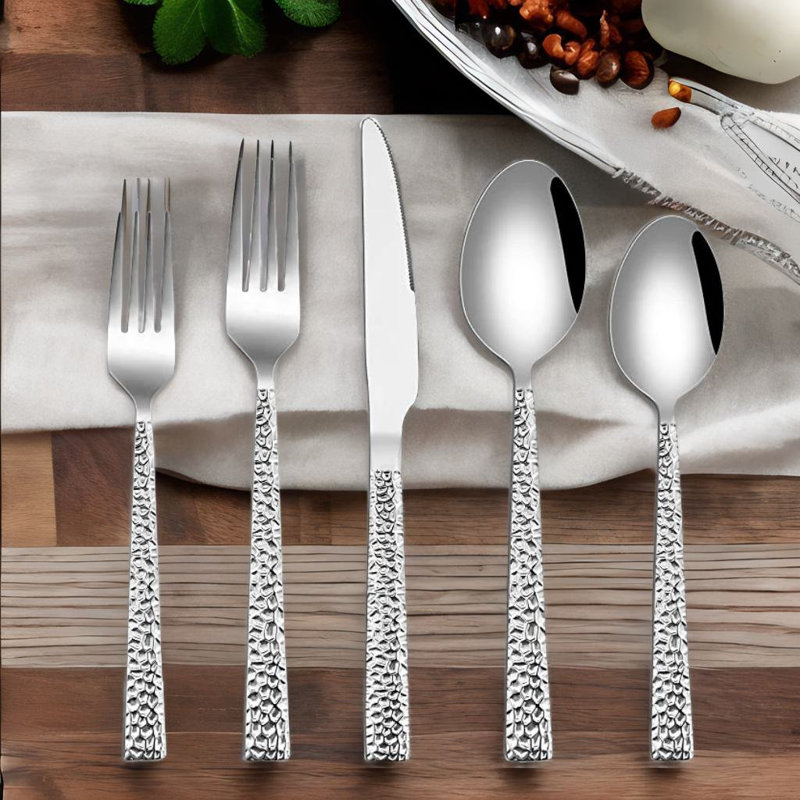 Ensemble de couverts 20 pièces en acier inoxydable pour 4, ensemble d'ustensiles martelés, poli miroir