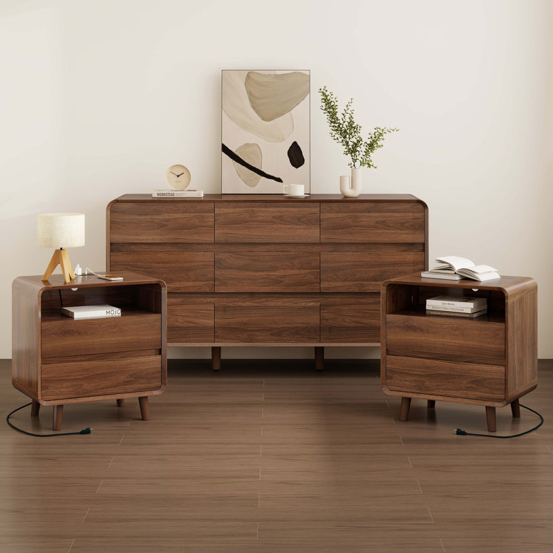 Commode à 9 tiroirs et ensemble de 2 tables de chevet, ensemble de 2 commodes et tables de chevet modernes en noyer
