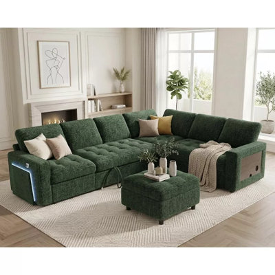  Canapé-lit modulaire en L de 102 po à 7 places avec lit escamotable, dossier inclinable, ports USB, éclairage DEL et table d'appoint, canapé convertible pour salon et appartement