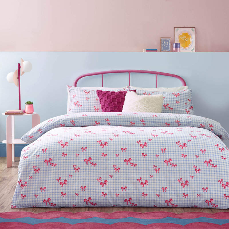 Gingham Bows Polyester Gingham Duvet Cover Set with Pillowcases Included, Double Duvet Cover Set + 2 Pillowcases
