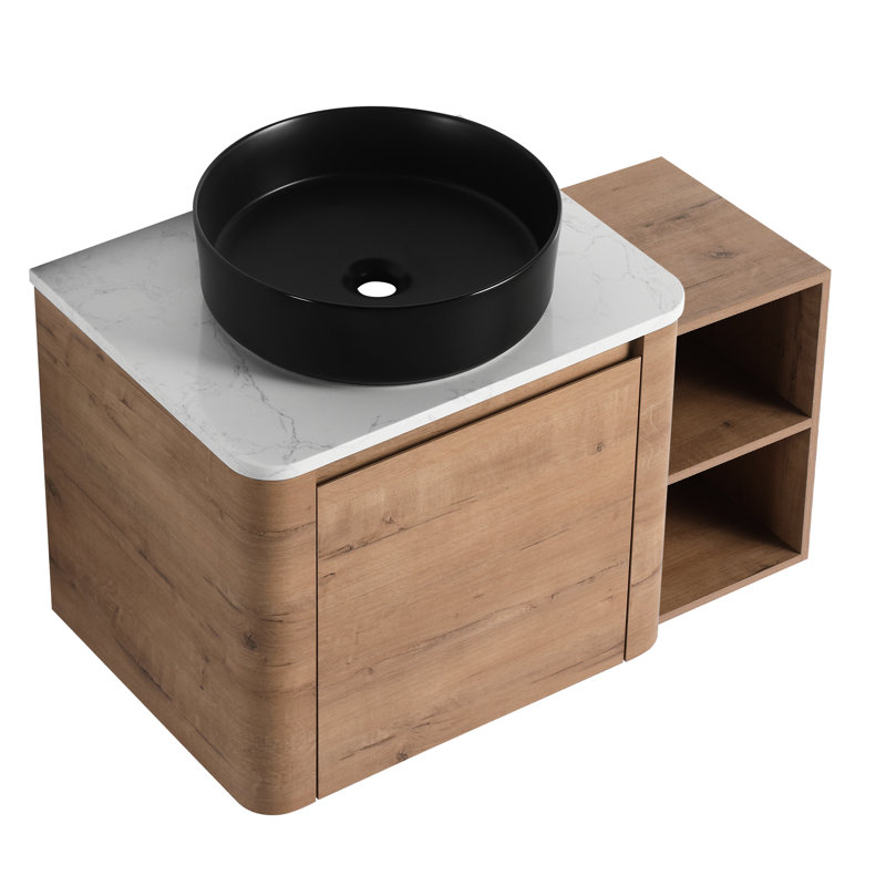 Meuble-lavabo mural 36 po avec lavabo d'art en céramique, tablettes de rangement, porte à fermeture en douceur, contreplaqué, design moderne pour les espaces