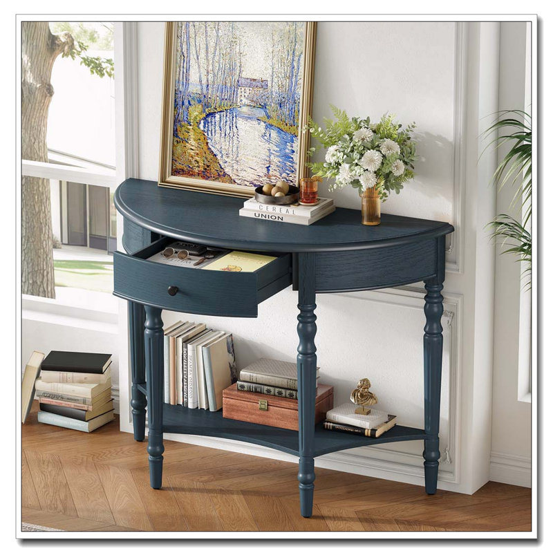 Console demi-lune avec tiroir et tablette, Marine