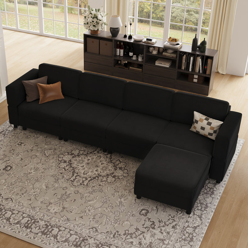 Upholstered Modular Sofa Sectional With Ottoman, Black Velvet