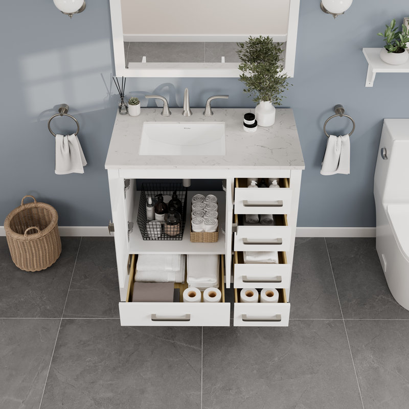 Minnich 36"W x 22"D Bathroom Vanity with Undermount Porcelain Sink, Quartz - White Carrara, White