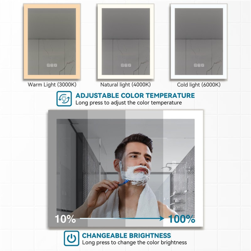 Miroir en verre à DEL à intensité variable de style moderne pour salle de bain