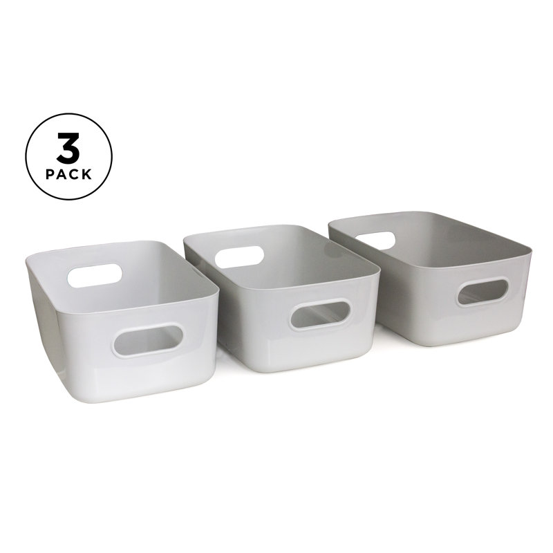 Panier en plastique d'organisation / bacs de rangement (ensemble de 3) grand gris 6 po de profondeur avec poignée intégrée, paniers pour organiser le réfrigérateur, armoire de cuisine, garde-manger, organisateur de garde-robe, salle de bain