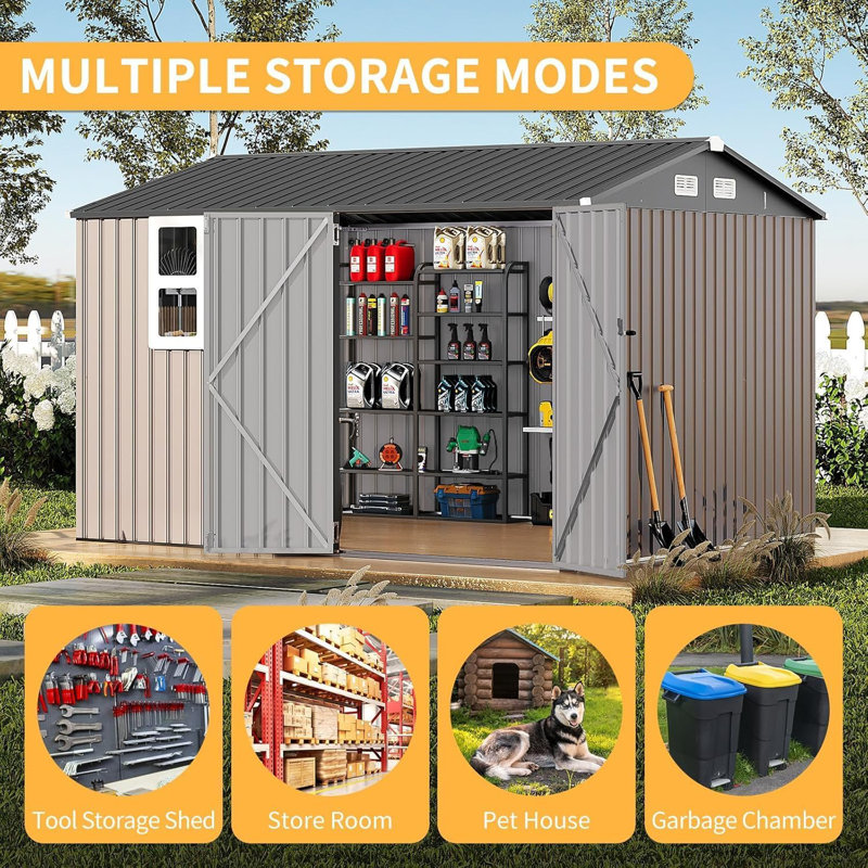 10x8FT Metal Storage Shed with Sloped Roof, Lockable Doors, Solar Light, Windows, and Vents, Outdoor Storage Sheds for Garden, Backyard, Patio Tools