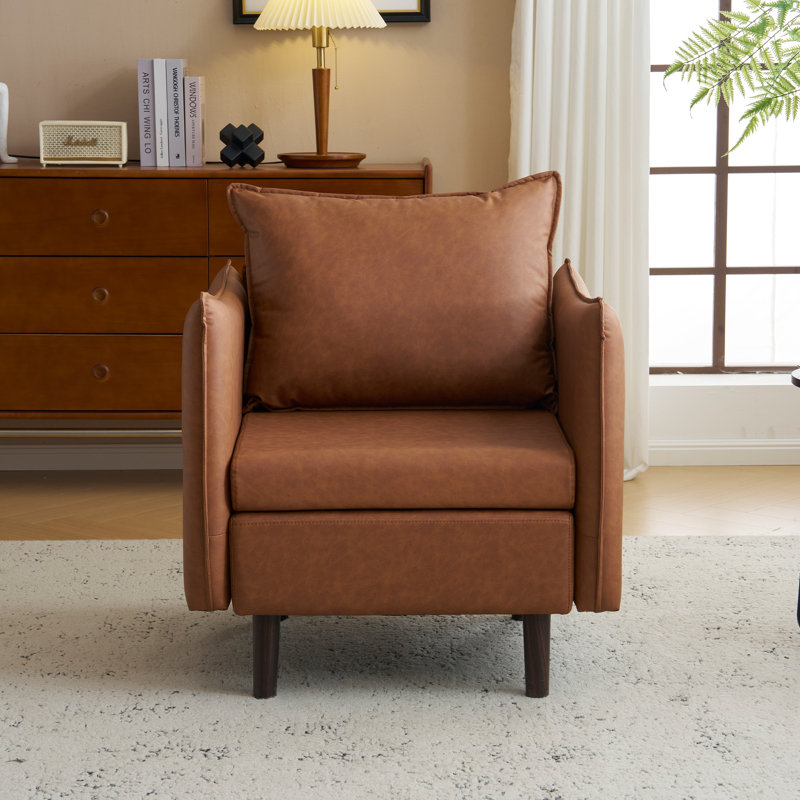 Fauteuil moderne en similicuir rembourré avec pieds en bois massif, Similicuir brun
