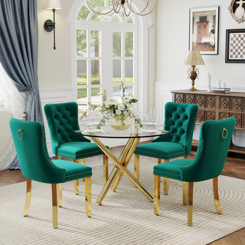 Ensemble de salle à manger à piédestal rond 5 pièces avec chaise capitonnée en velours pour salle à manger et salon, Vert