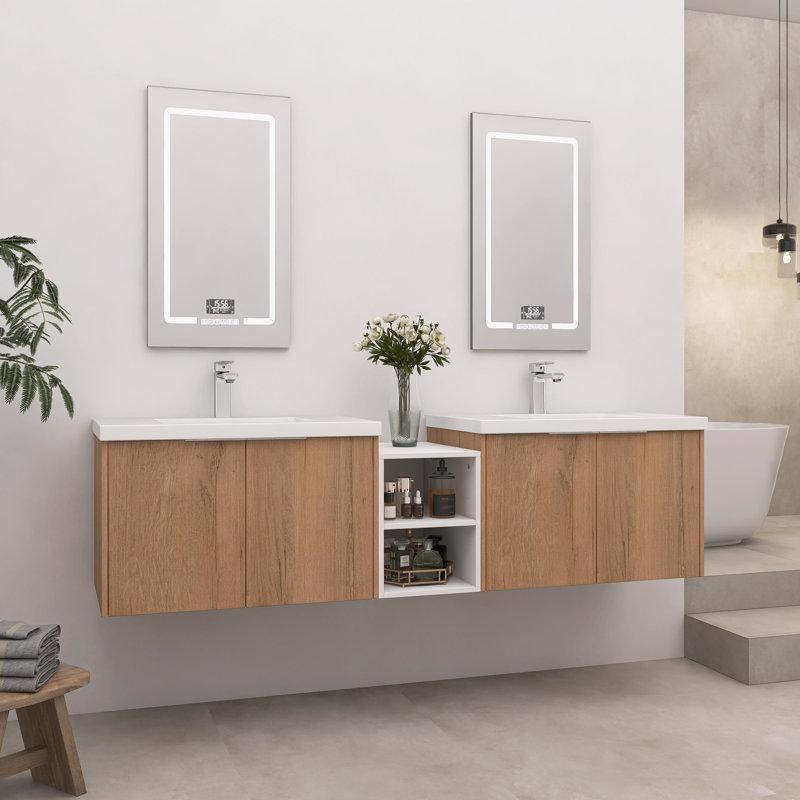 Meuble-lavabo double avec plateau en résine 71,12 po Sifnos, Chêne