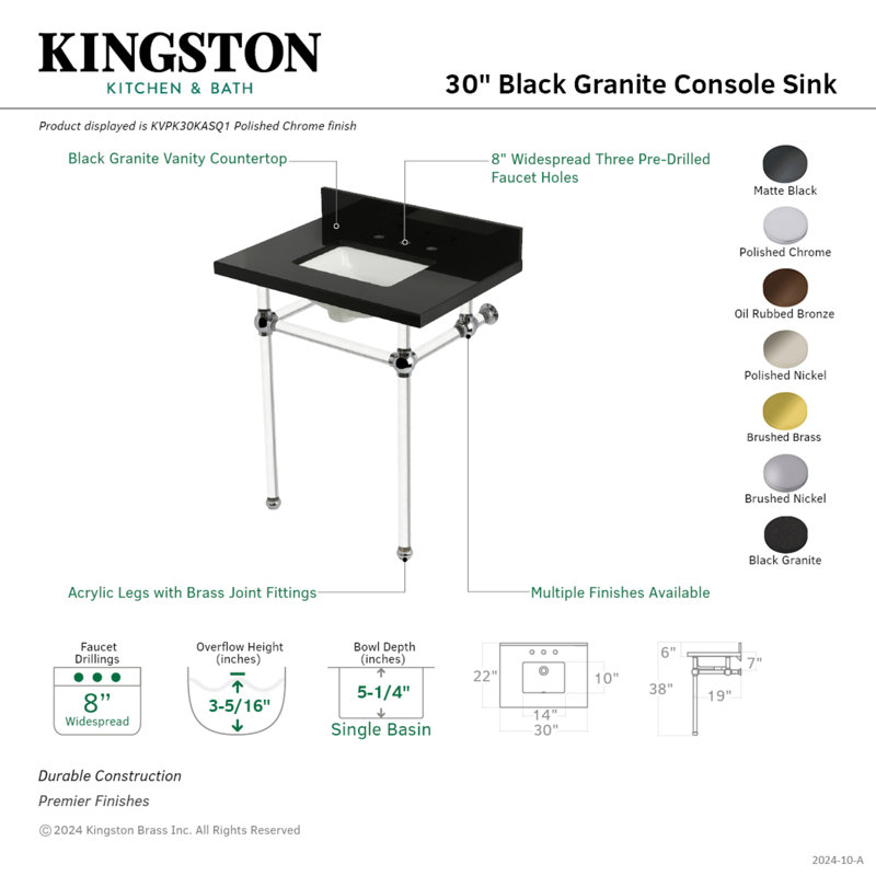 Kingston Brass Templeton 30-Inch Black Granite Console Sink with Acrylic Legs (8-Inch, 3-Hole), Black Granite/Polished Nickel