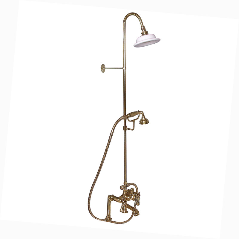 Garniture de robinet de baignoire sur pattes à trois poignées avec inverseur et douchette, Laiton poli, Croix
