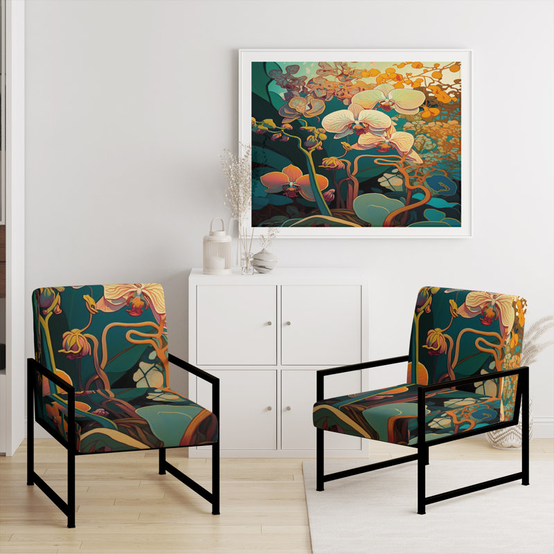 Orchidée florissante dans des couleurs vives rétro VI - Chaise rembourrée avec accoudoirs de style campagnard, chaise d'appoint rustique