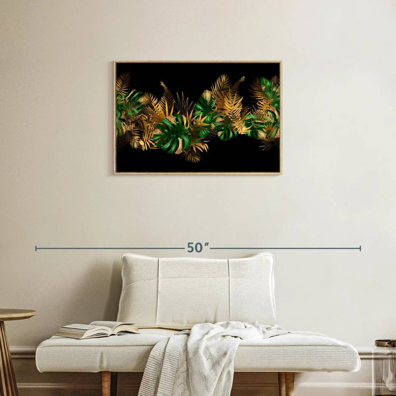 Feuilles dorées et vertes, Cadre flottant en bois naturel, 31 po x 21 po