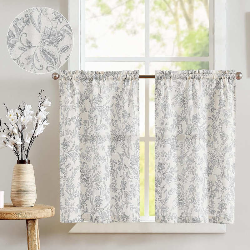 Rideaux de cuisine floraux, L 26 po x L 24 po, Gris sur fond beige