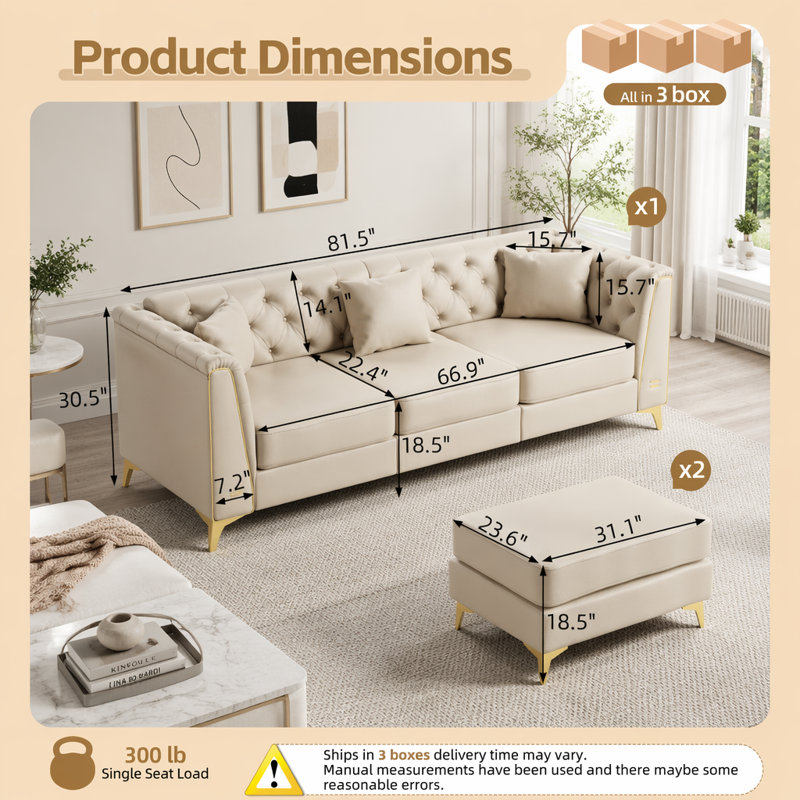 Canapé Chesterfield modulaire 3 places léger avec 2 repose-pieds, similicuir et pieds en métal Light