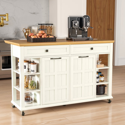 Kitchen Island With Power Outlet, Drop Leaf & Trash Can Storage On Wheels by Lark Manor