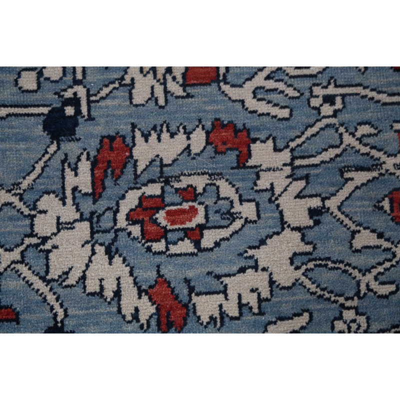 Tapis beige / ivoire / bleu en laine noué à la main de conception unique 9 pi x 11 pi 9 po