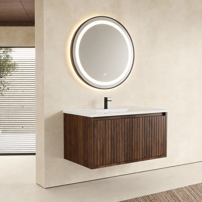 Meuble-lavabo mural 30 po avec tiroir divisé, façade verticale texturée et design flottant, Noyer