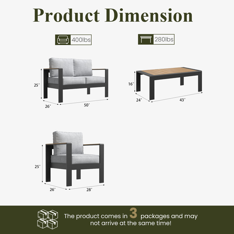 Outdoor Aluminum Furniture Set with Coffee Table, Modern Patio Conversation Sets for Porch, Backyard, Light Grey