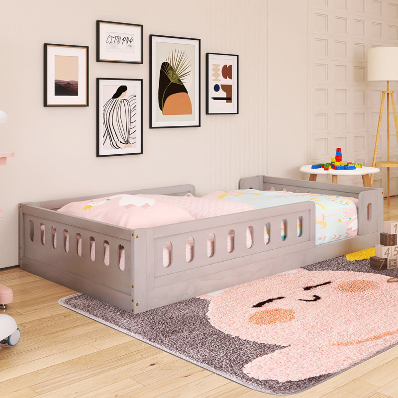 Lit plateforme simple en bois avec garde-corps, Gris