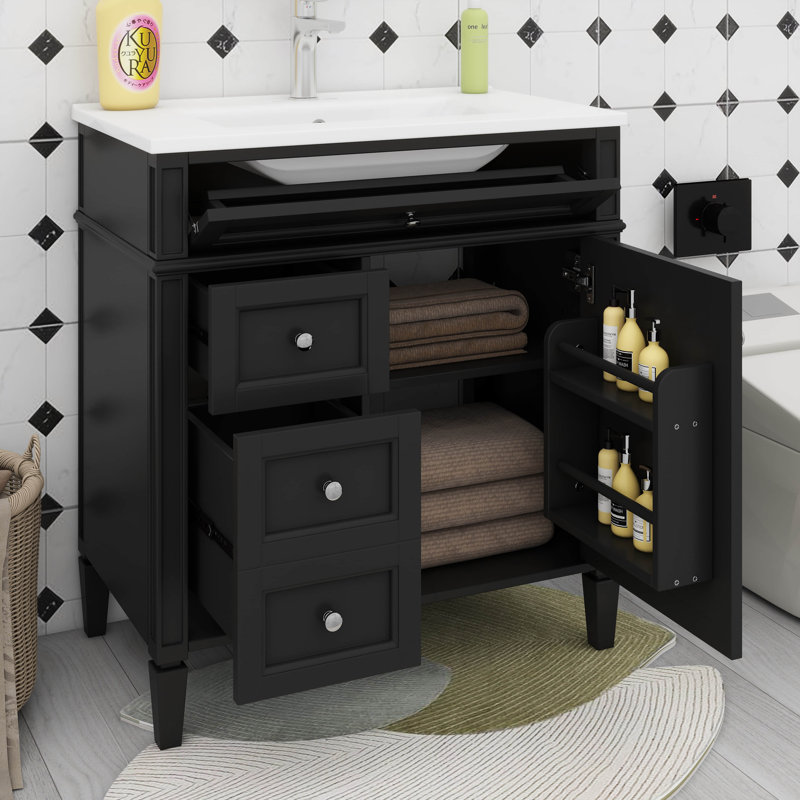 Ensemble de meuble-lavabo 30 po avec lavabo, 2 tiroirs et un tiroir basculant, porte d'armoire à fermeture en douceur, Noir