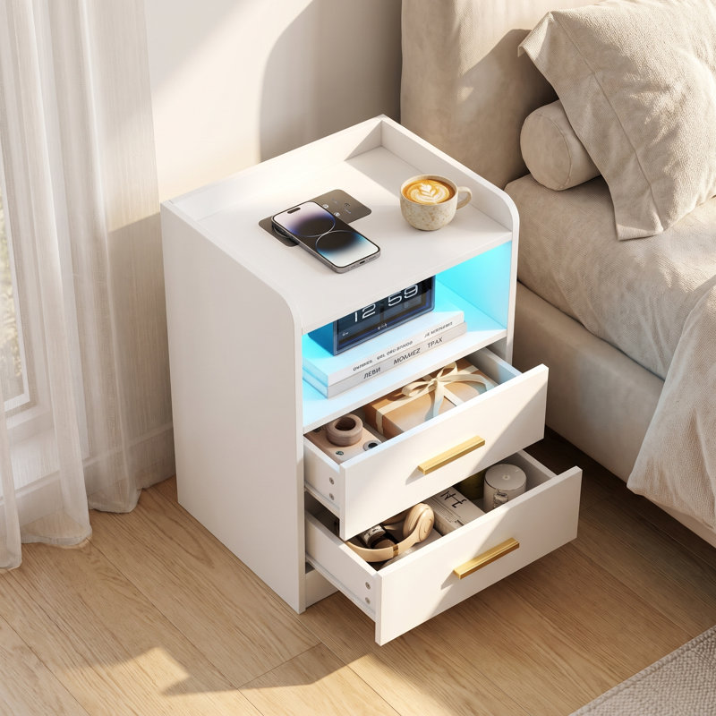 Table de chevet contemporaine sans fil avec capteur de mouvement, ports USB-C et USB, 2 tiroirs avec glissières silencieuses, table de chevet contemporaine